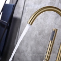 Gold Rounded Floor Mount Bathtub Faucet With Spray